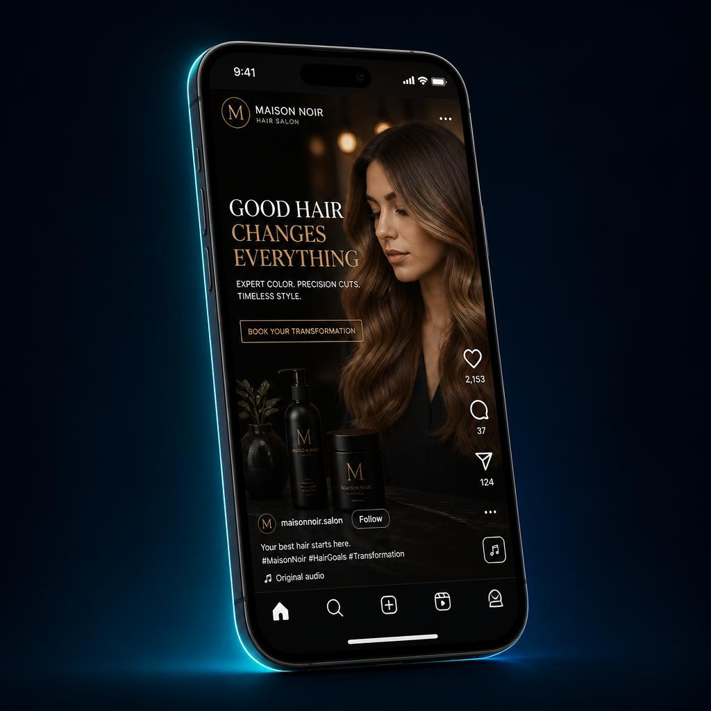 Example AI-generated social media video ad for a hair salon shown on a phone