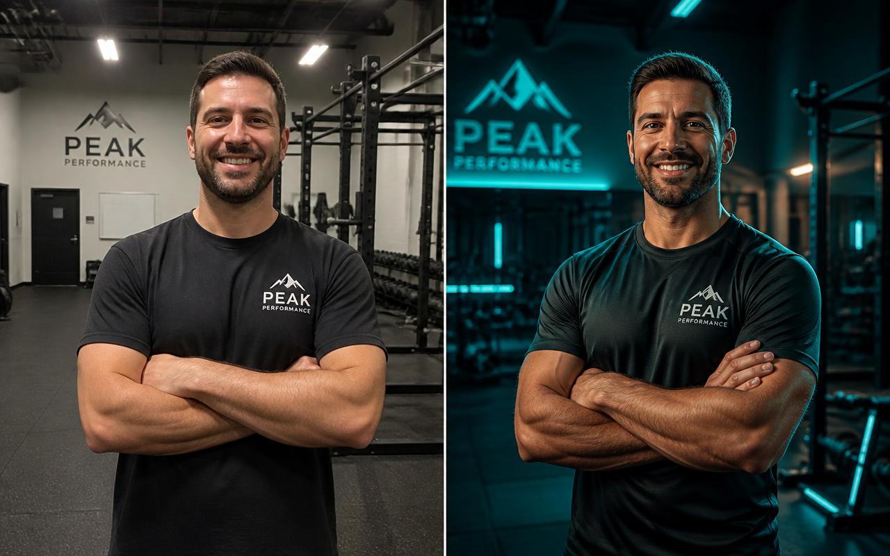 Before and after example of a gym owner's photo turned into a polished AI-generated ad